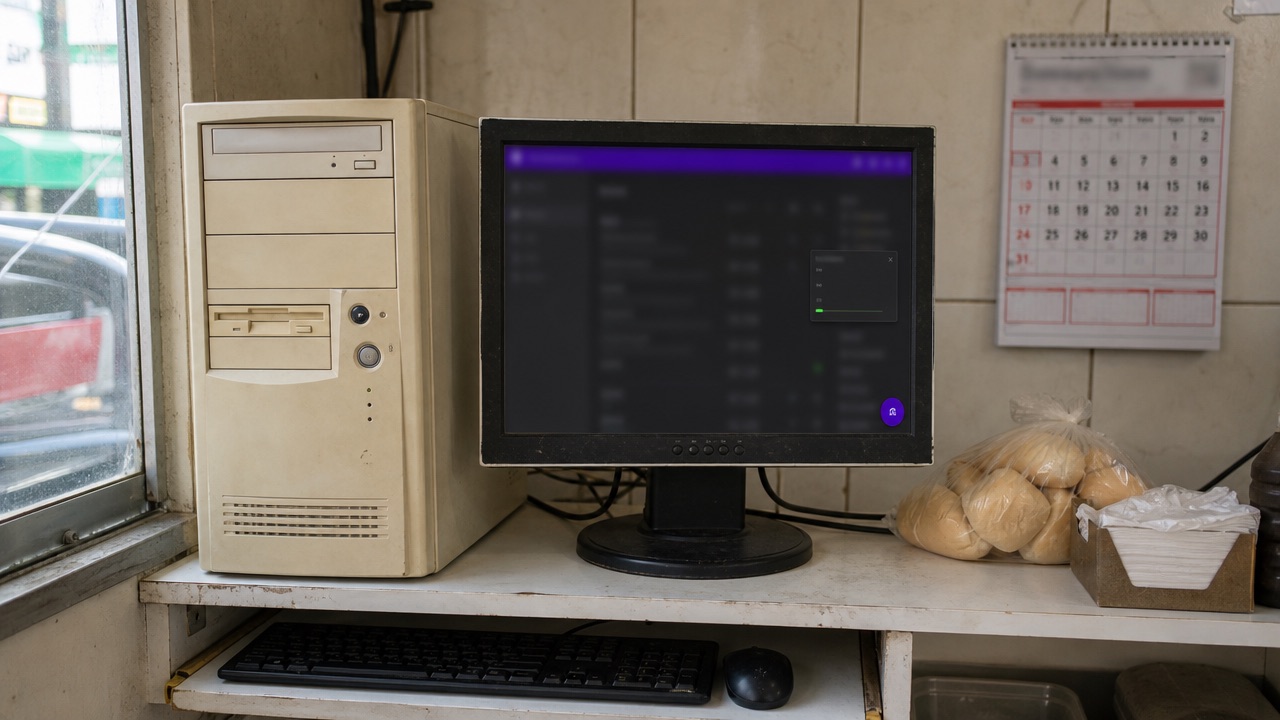 Computador antigo de uma lanchonete rodando o 88 Chats com GaláxIA sem esforço