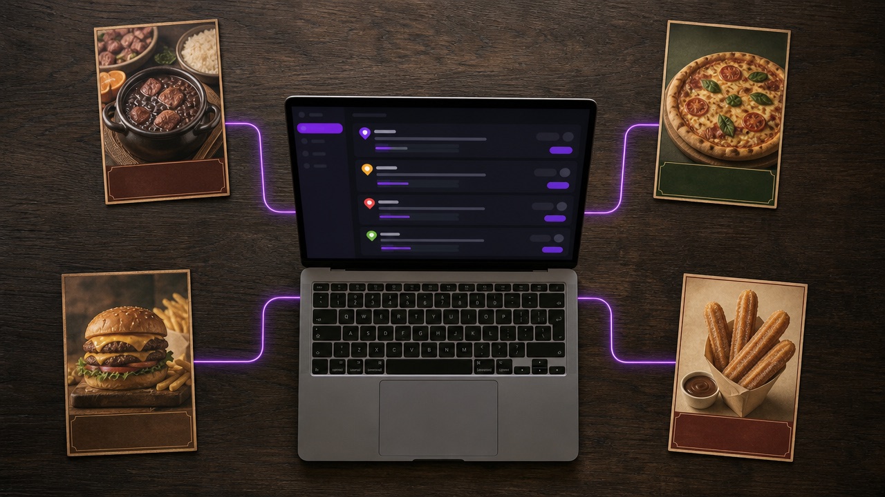 Um notebook no centro recebendo os pedidos de quatro lojas diferentes