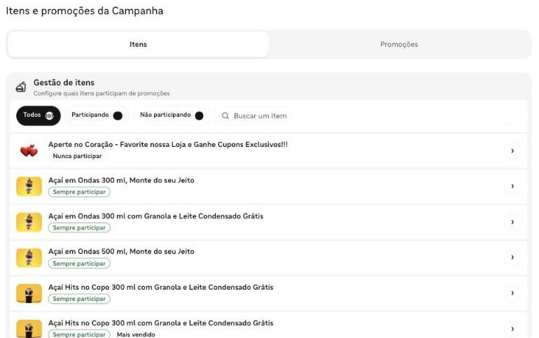 Tela real do portal do parceiro iFood: ela decide que itens entram