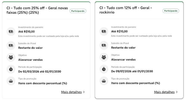 Tela real do portal do parceiro iFood: o ifood monta as promoções e divide a conta