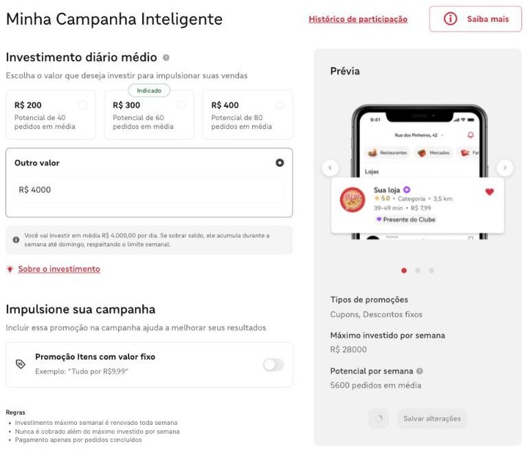 Tela real do portal do parceiro iFood: você escolhe quanto investir por dia
